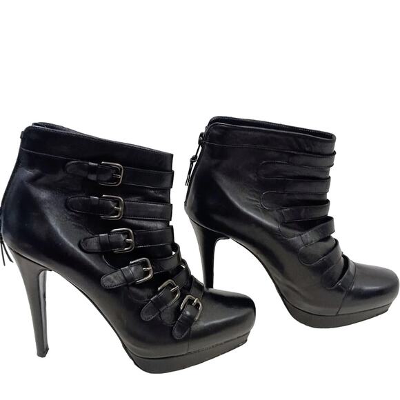 Stuart Weitzman Glam Moto Ankle Boots Sz 7.5 Black Buckle Rocker Punk Gothic - Picture 1 of 16